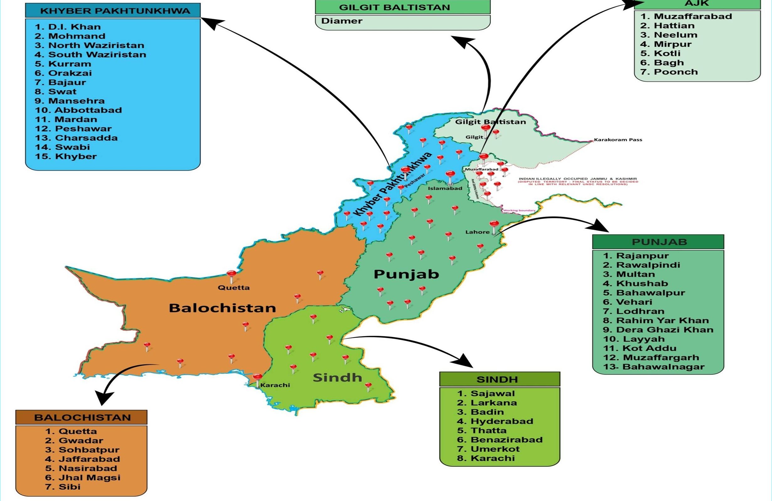 Map of Pakistan showing ACT programme districts across provinces, AJK, and Gilgit-Baltistan